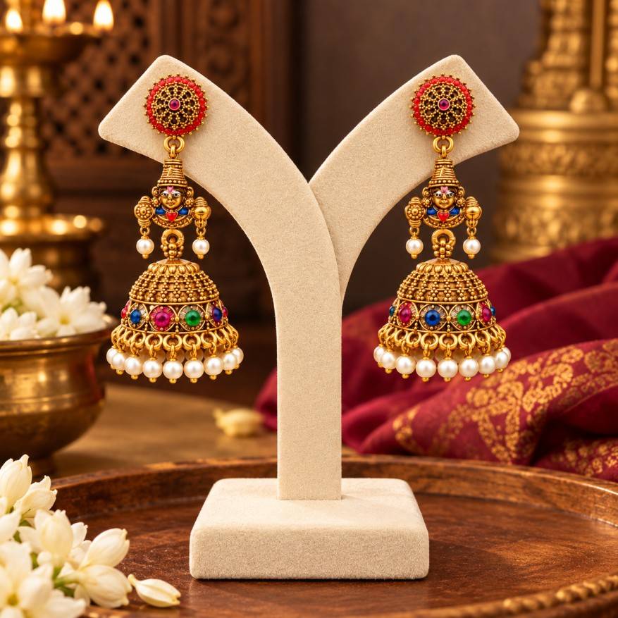 Multi-Color Navaratna Stones & Pearl Temple Jhumka